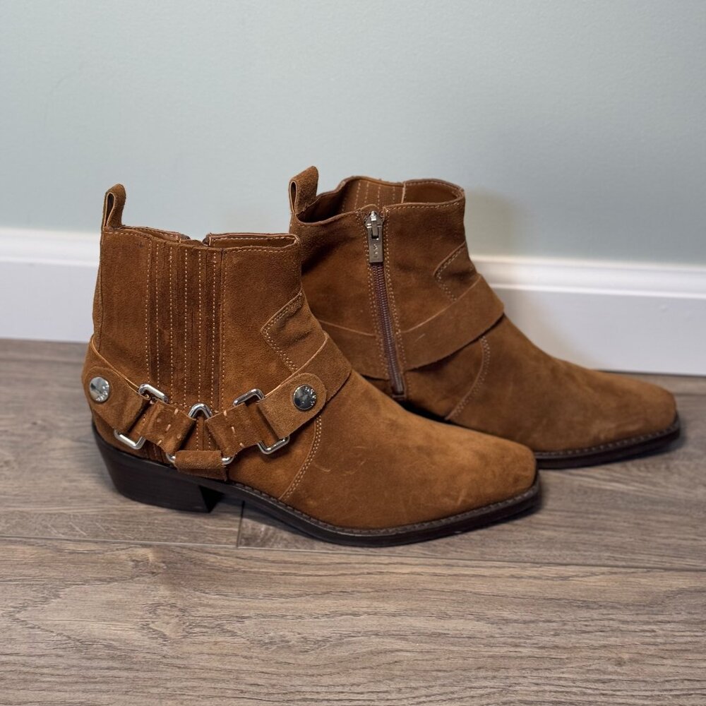 DKNY Brown Suede Ankle Booties with Harness Detail